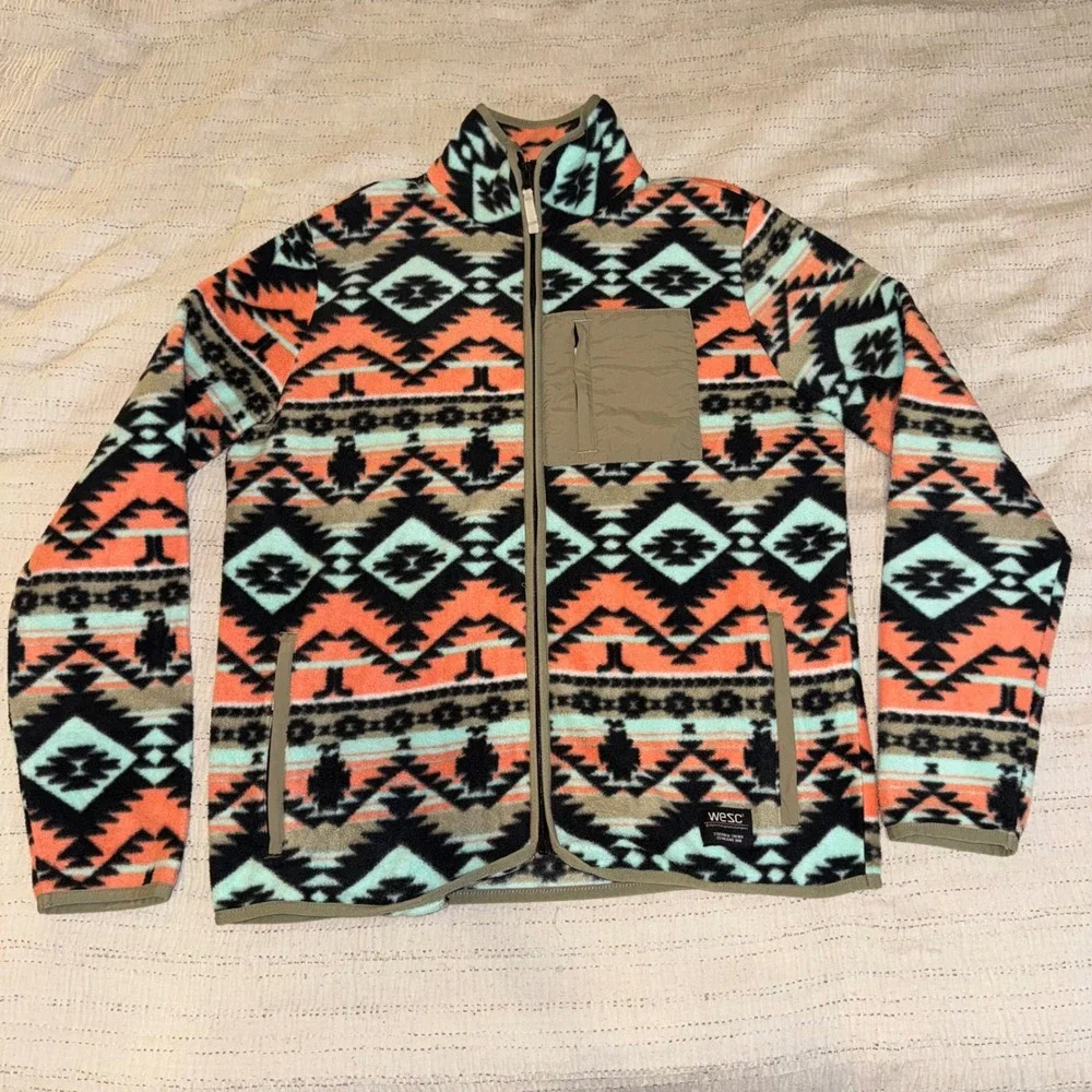 WeSC Mens Large Southwestern Aztec Fleece Full Zip Jacket Teal Orange Geometric